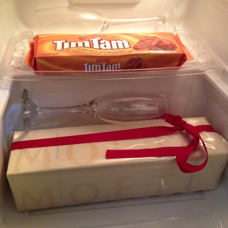 Prepping the fridge for James' arrival. Just the essentials...