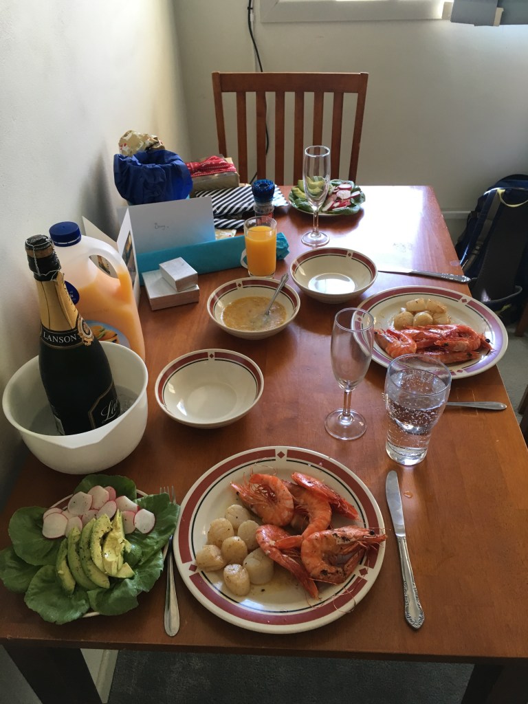 Alternative Christmas lunch...prawns, scallops, avo salad, and a HEAP of garlic butter :P
